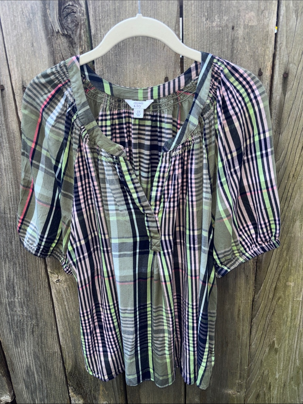 Crown Ivy Top Womens 2X Green Black Fall Plaid Academia V Neck